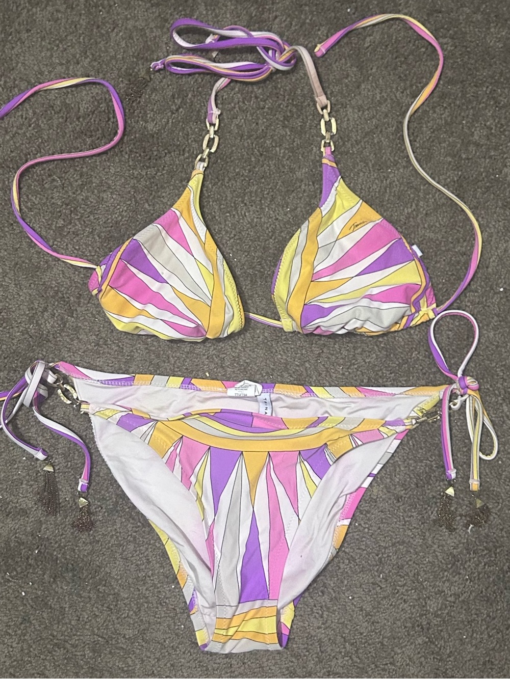 Trina Turk Yellow Pink Purple White Printed Triangle Bikini